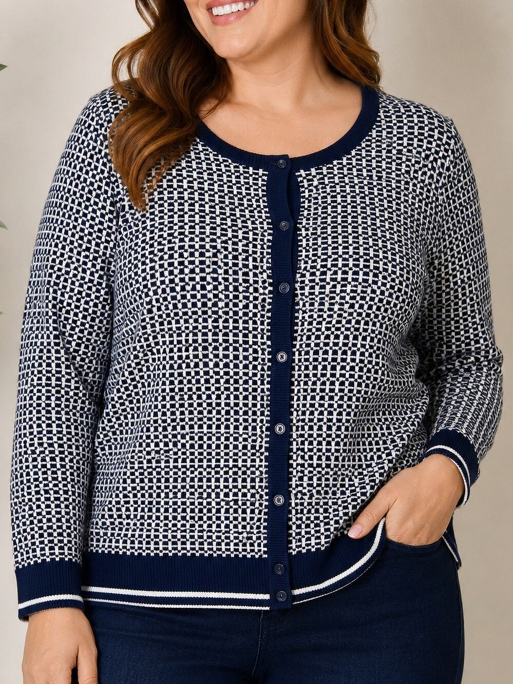 Susina 2X Navy White Grid Knit Cardigan 100% Cotton Button Front Plus Size